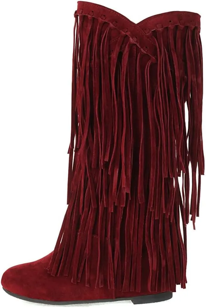 Womens Fringe Western Boots Fashion Hidden Heel Knee-high Boots Round Toe Platform Tassel Moccasin Boots