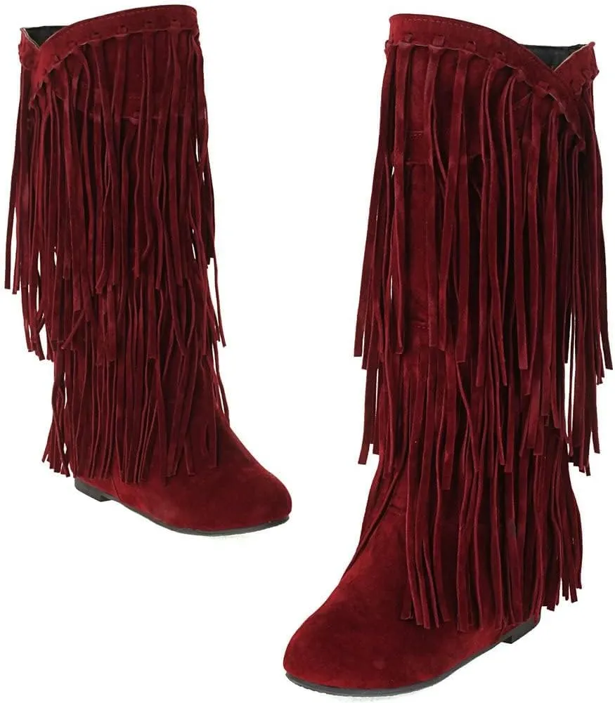 Womens Fringe Western Boots Fashion Hidden Heel Knee-high Boots Round Toe Platform Tassel Moccasin Boots