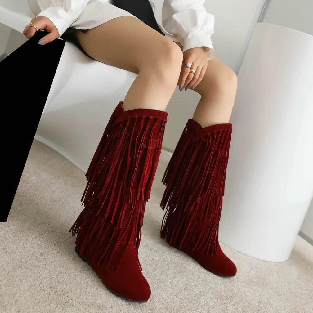 Womens Fringe Western Boots Fashion Hidden Heel Knee-high Boots Round Toe Platform Tassel Moccasin Boots