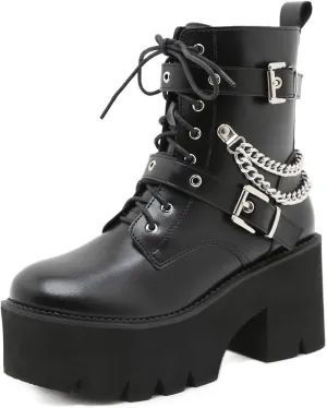 Women's Goth Black Chunky High Heel Lace Up Emo Platform Combat Ankle Boots