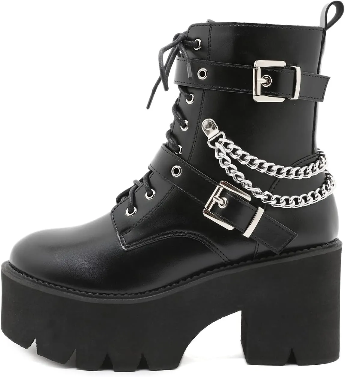 Women's Goth Black Chunky High Heel Lace Up Emo Platform Combat Ankle Boots