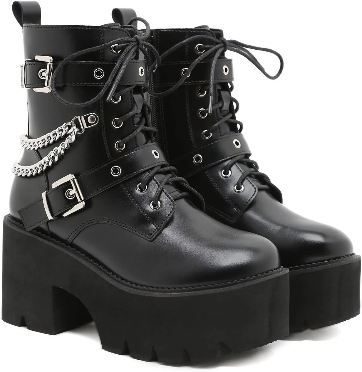 Women's Goth Black Chunky High Heel Lace Up Emo Platform Combat Ankle Boots
