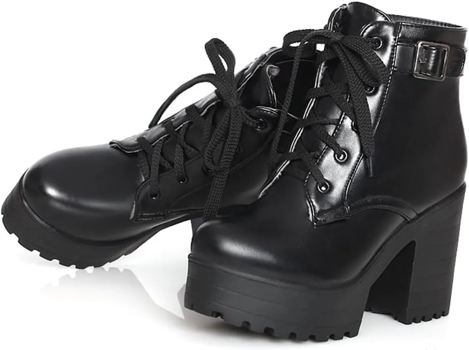 Women's Goth Platform Chunky Block High Heel Ankle Boots Lace Up Round Toe Buckle Punk Combat Motorcycle Boots