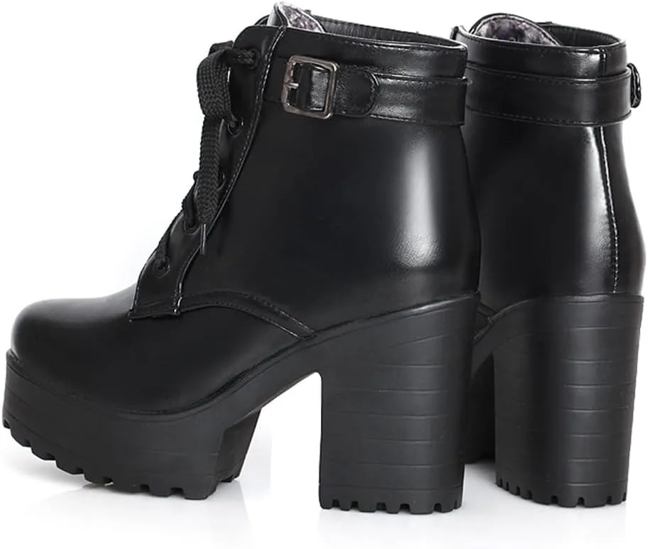 Women's Goth Platform Chunky Block High Heel Ankle Boots Lace Up Round Toe Buckle Punk Combat Motorcycle Boots
