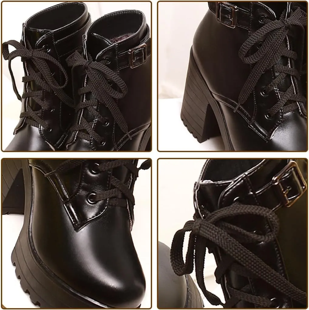 Women's Goth Platform Chunky Block High Heel Ankle Boots Lace Up Round Toe Buckle Punk Combat Motorcycle Boots