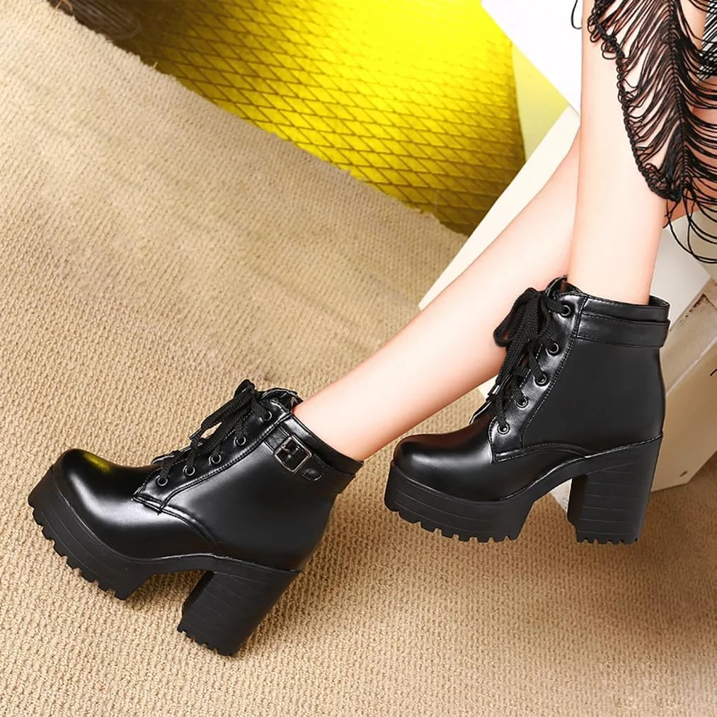 Women's Goth Platform Chunky Block High Heel Ankle Boots Lace Up Round Toe Buckle Punk Combat Motorcycle Boots