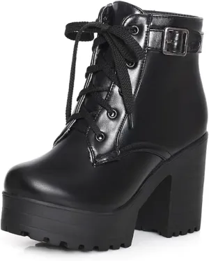 Women's Goth Platform Chunky Block High Heel Ankle Boots Lace Up Round Toe Buckle Punk Combat Motorcycle Boots