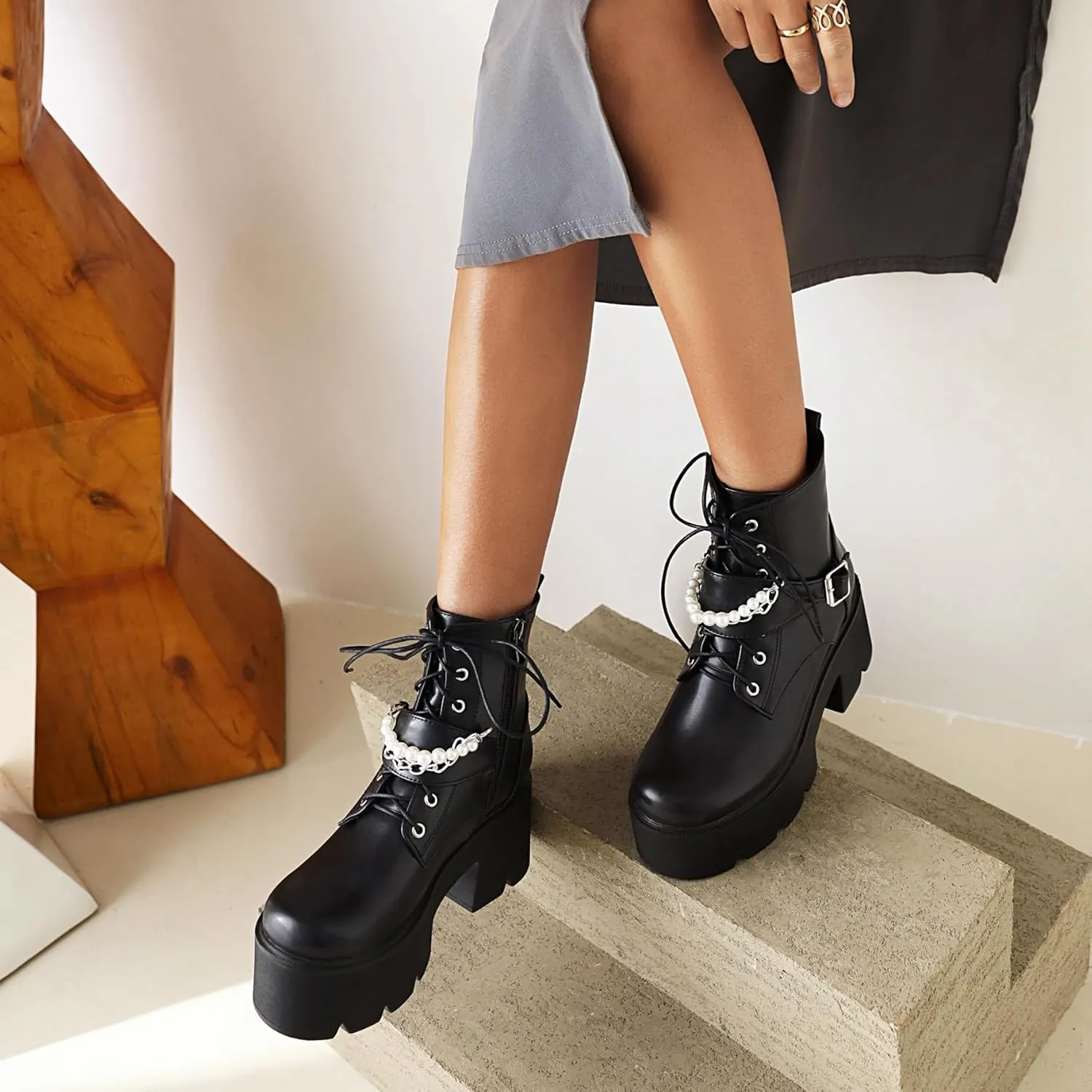 Women's Goth Platform Combat Boots, Gothic Chunky Heel Ankle Boots, Punk Fashion Booties