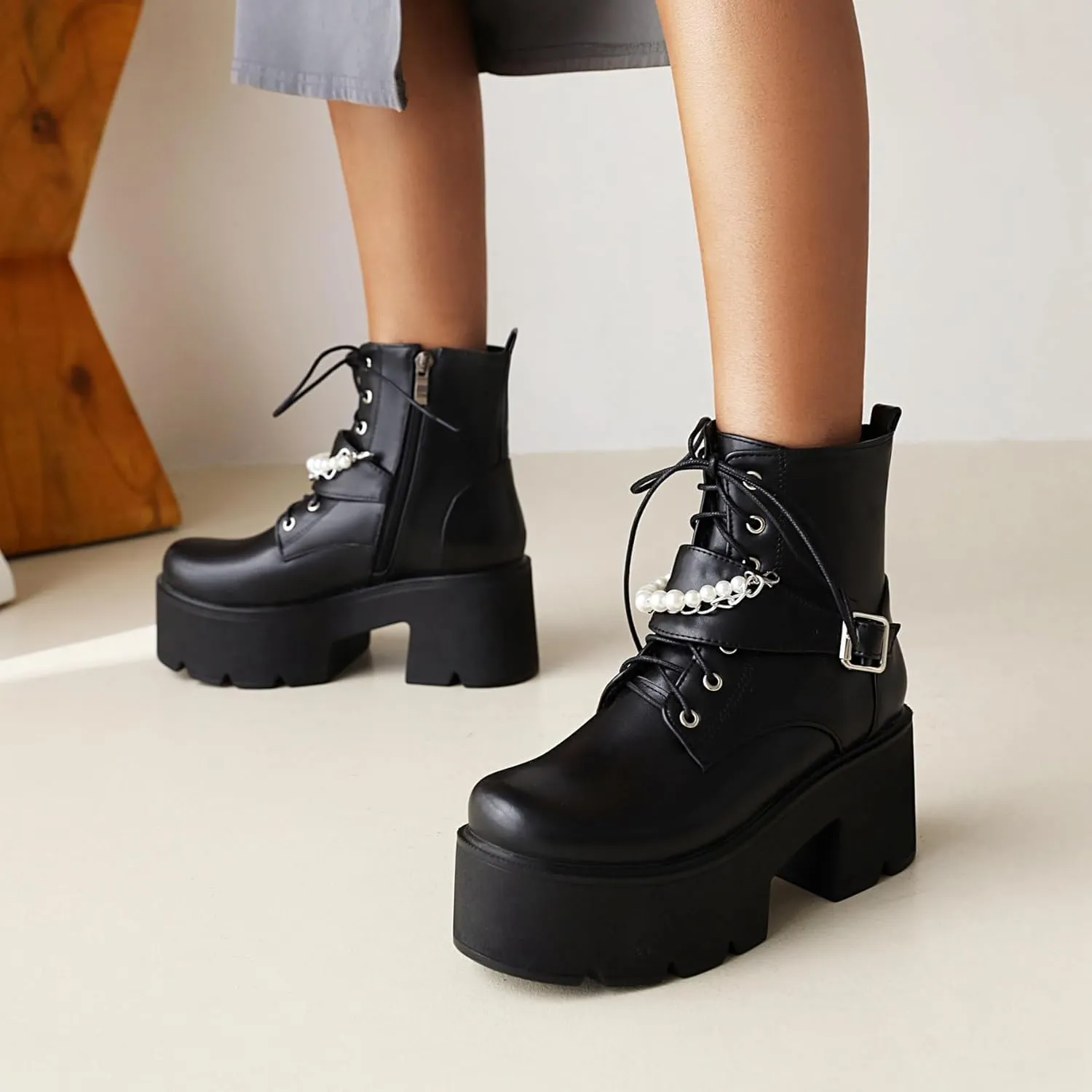 Women's Goth Platform Combat Boots, Gothic Chunky Heel Ankle Boots, Punk Fashion Booties