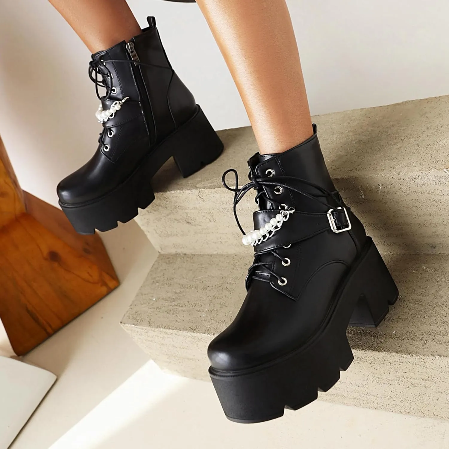 Women's Goth Platform Combat Boots, Gothic Chunky Heel Ankle Boots, Punk Fashion Booties