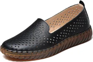 Women's Handmade Leather Casual Beef Tendon Soft Sole Loafers Comfortable Round Toe Breathable Oxford Arch Support Walking Shoes