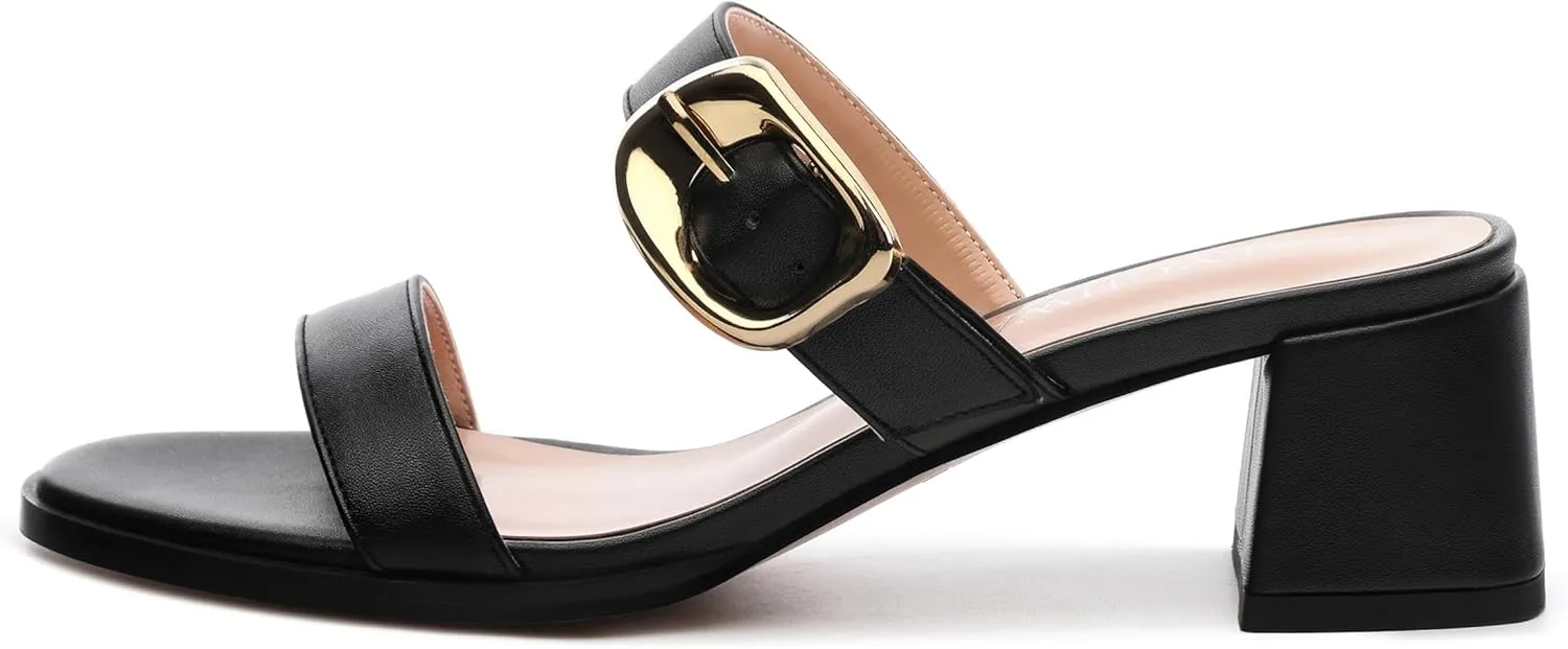Womens Heeled Sandals, Round Open Toe Low Heels, Fashion Buckle Slip On Solid Matte Sandals 2 inch