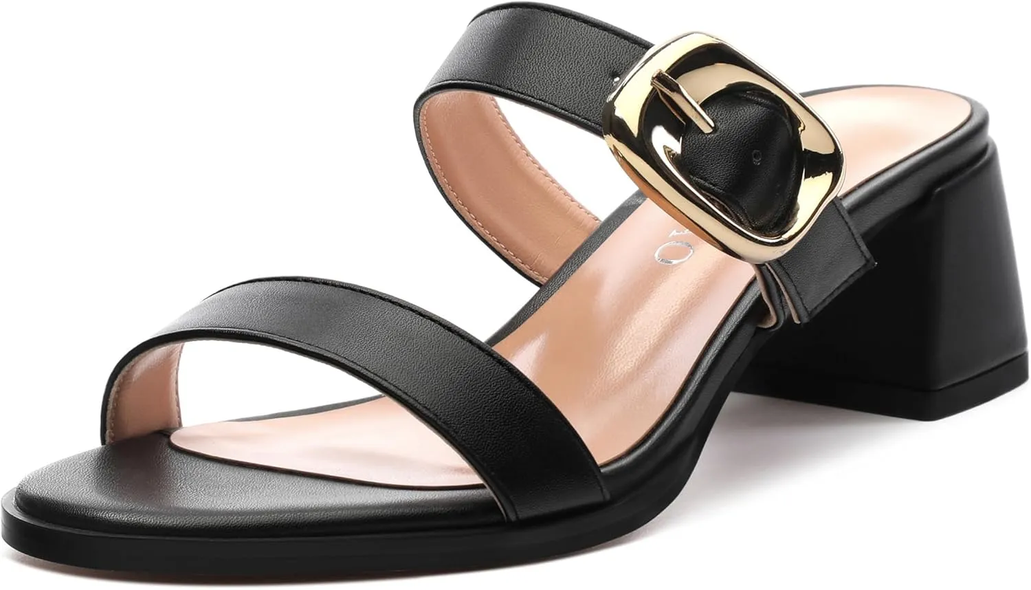 Womens Heeled Sandals, Round Open Toe Low Heels, Fashion Buckle Slip On Solid Matte Sandals 2 inch