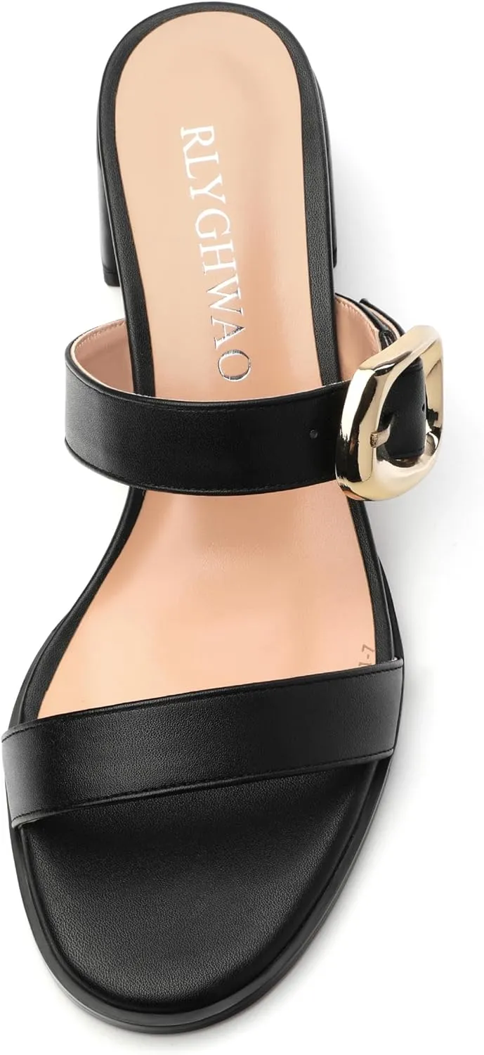 Womens Heeled Sandals, Round Open Toe Low Heels, Fashion Buckle Slip On Solid Matte Sandals 2 inch