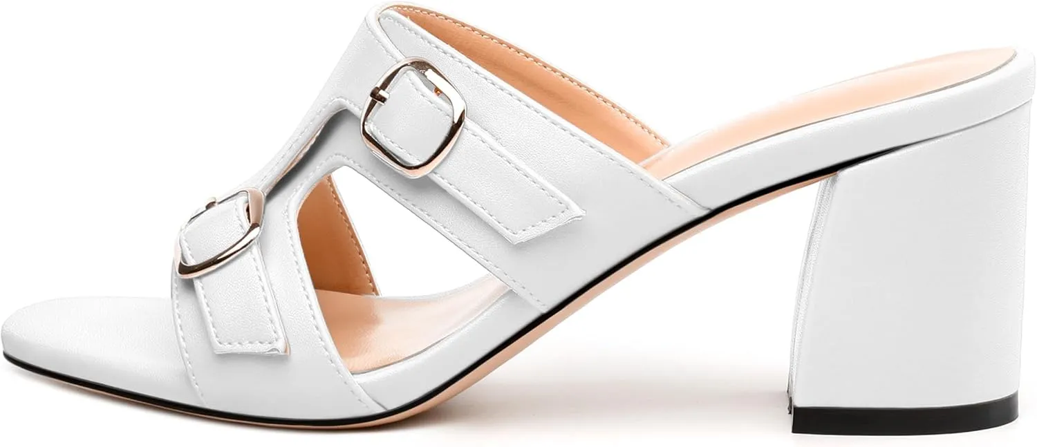 Women's Heeled Sandals, Round Open Toe Mid Chunky Heel, Buckle Fashion Slide Sandal for Wedding Party Daily Dressy