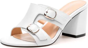 Women's Heeled Sandals, Round Open Toe Mid Chunky Heel, Buckle Fashion Slide Sandal for Wedding Party Daily Dressy