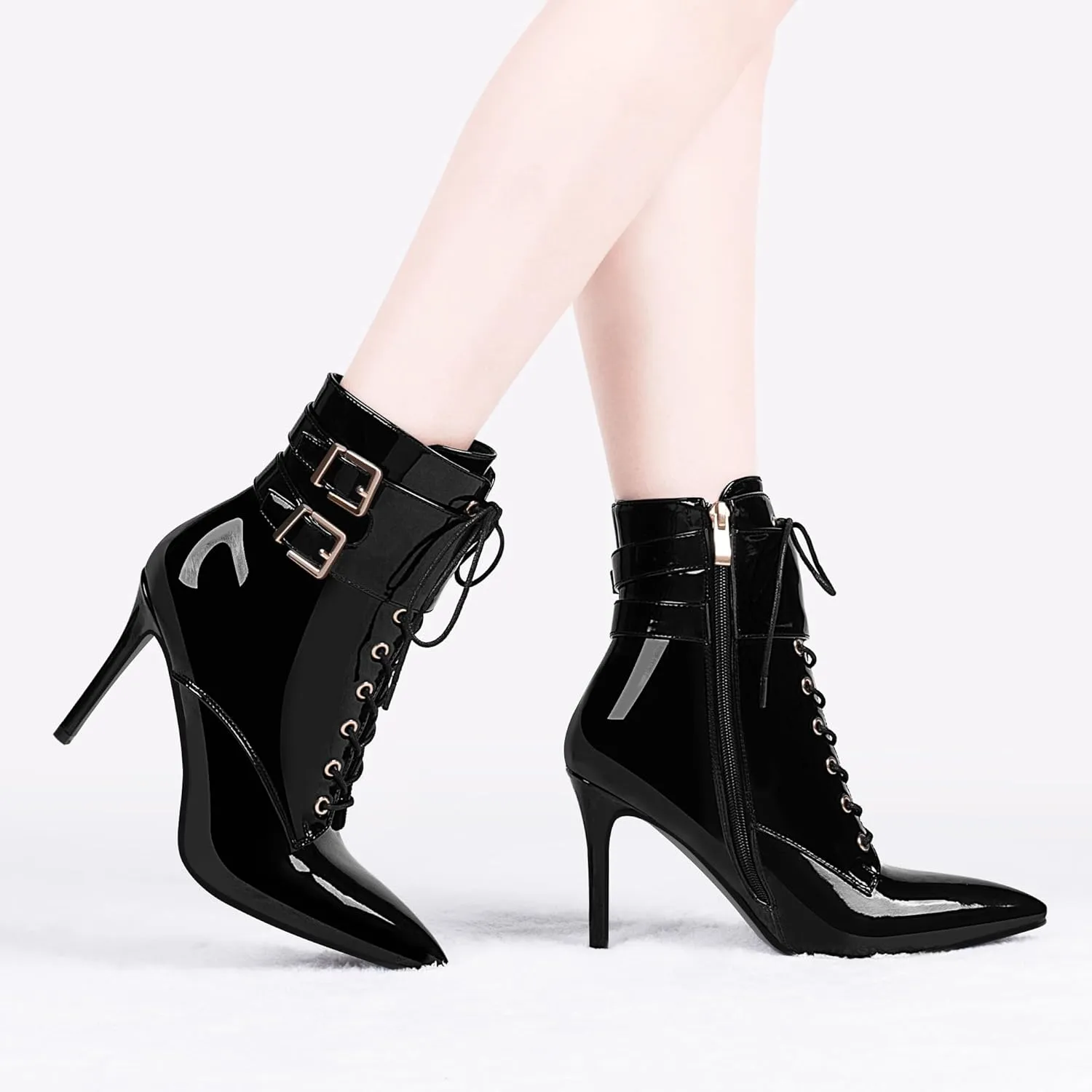 Women's High Stiletto Heel Pointed Toe Ankle Boots Lace Up Buckle Strap Dress Booties