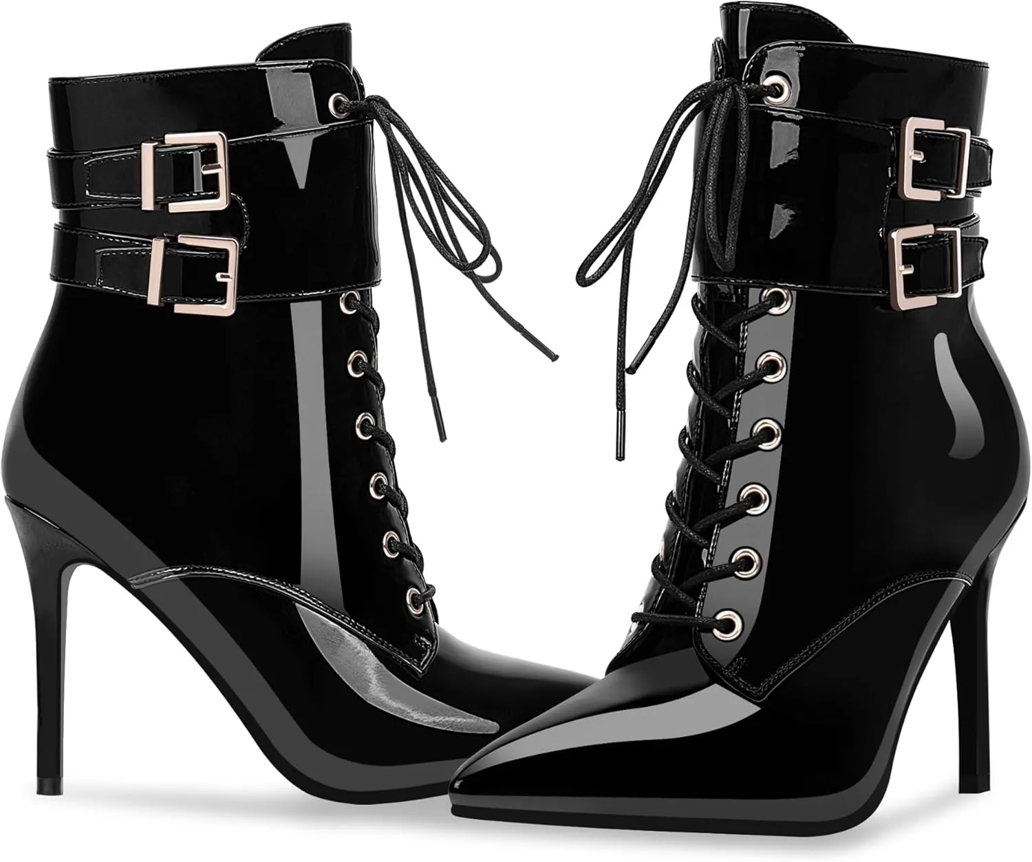 Women's High Stiletto Heel Pointed Toe Ankle Boots Lace Up Buckle Strap Dress Booties
