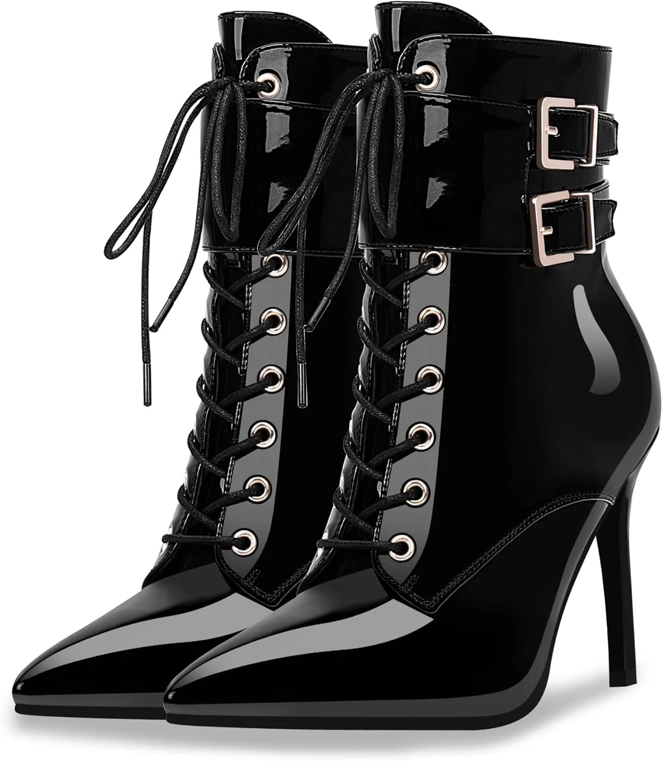 Women's High Stiletto Heel Pointed Toe Ankle Boots Lace Up Buckle Strap Dress Booties
