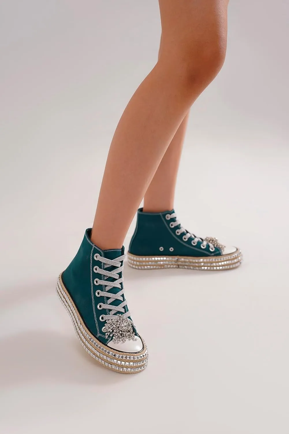Womens High-Top Canvas Sneakers Studded Rhinestone Side Shoes Lace Up Fashion Shoes Casual Platform Ankle Boots