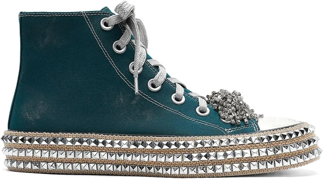 Womens High-Top Canvas Sneakers Studded Rhinestone Side Shoes Lace Up Fashion Shoes Casual Platform Ankle Boots