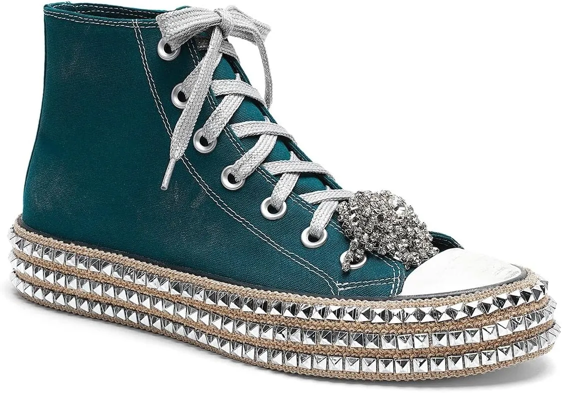 Womens High-Top Canvas Sneakers Studded Rhinestone Side Shoes Lace Up Fashion Shoes Casual Platform Ankle Boots