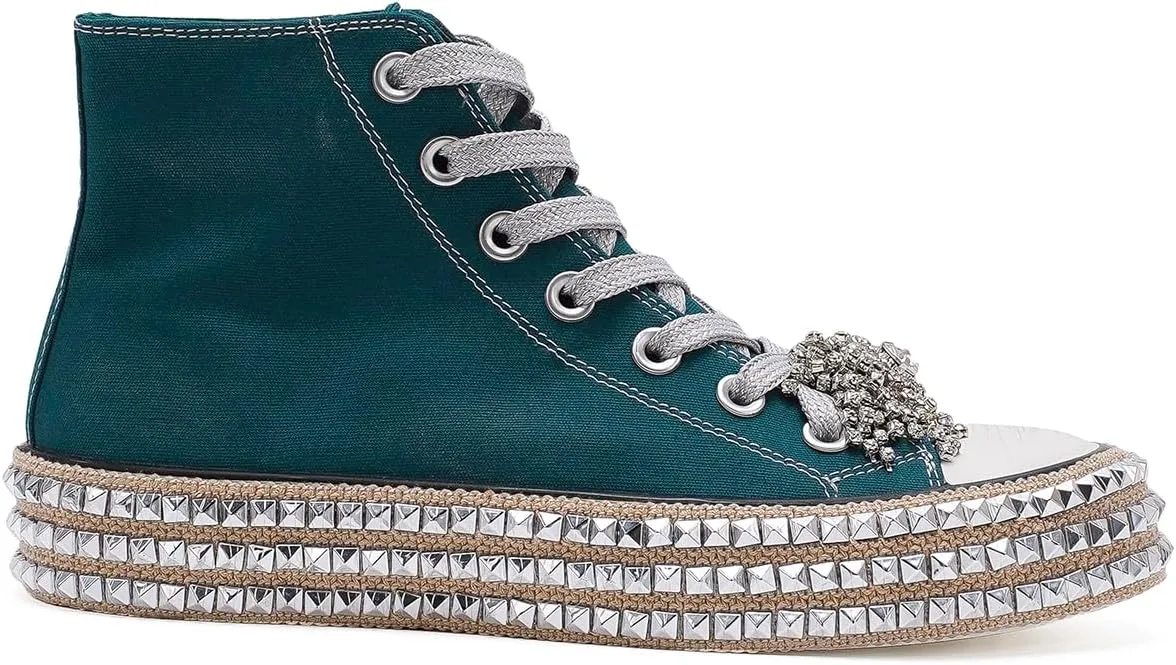Womens High-Top Canvas Sneakers Studded Rhinestone Side Shoes Lace Up Fashion Shoes Casual Platform Ankle Boots