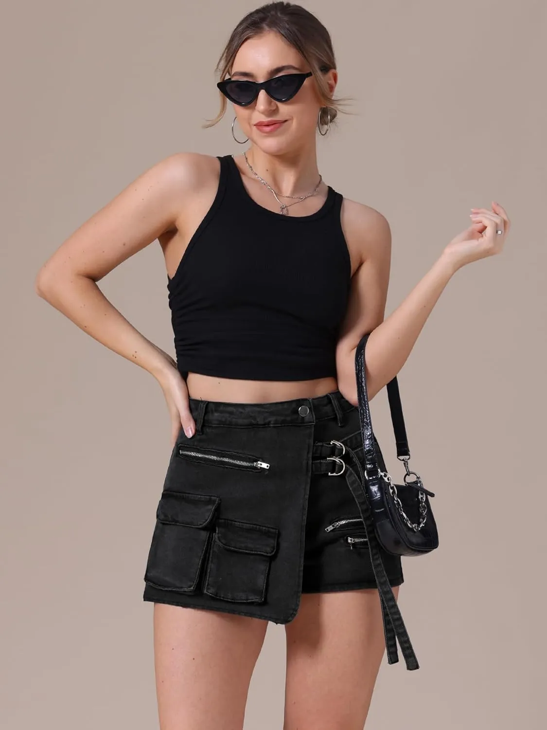 Women's Jean Skort High Waisted Western Summer Asymmetrical Denim Cargo Skirt Shorts