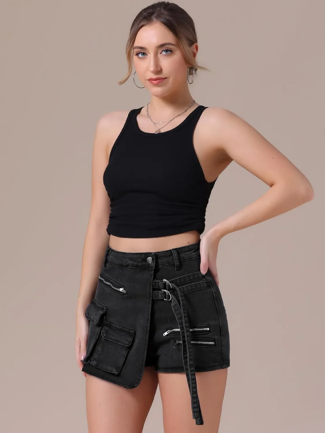 Women's Jean Skort High Waisted Western Summer Asymmetrical Denim Cargo Skirt Shorts