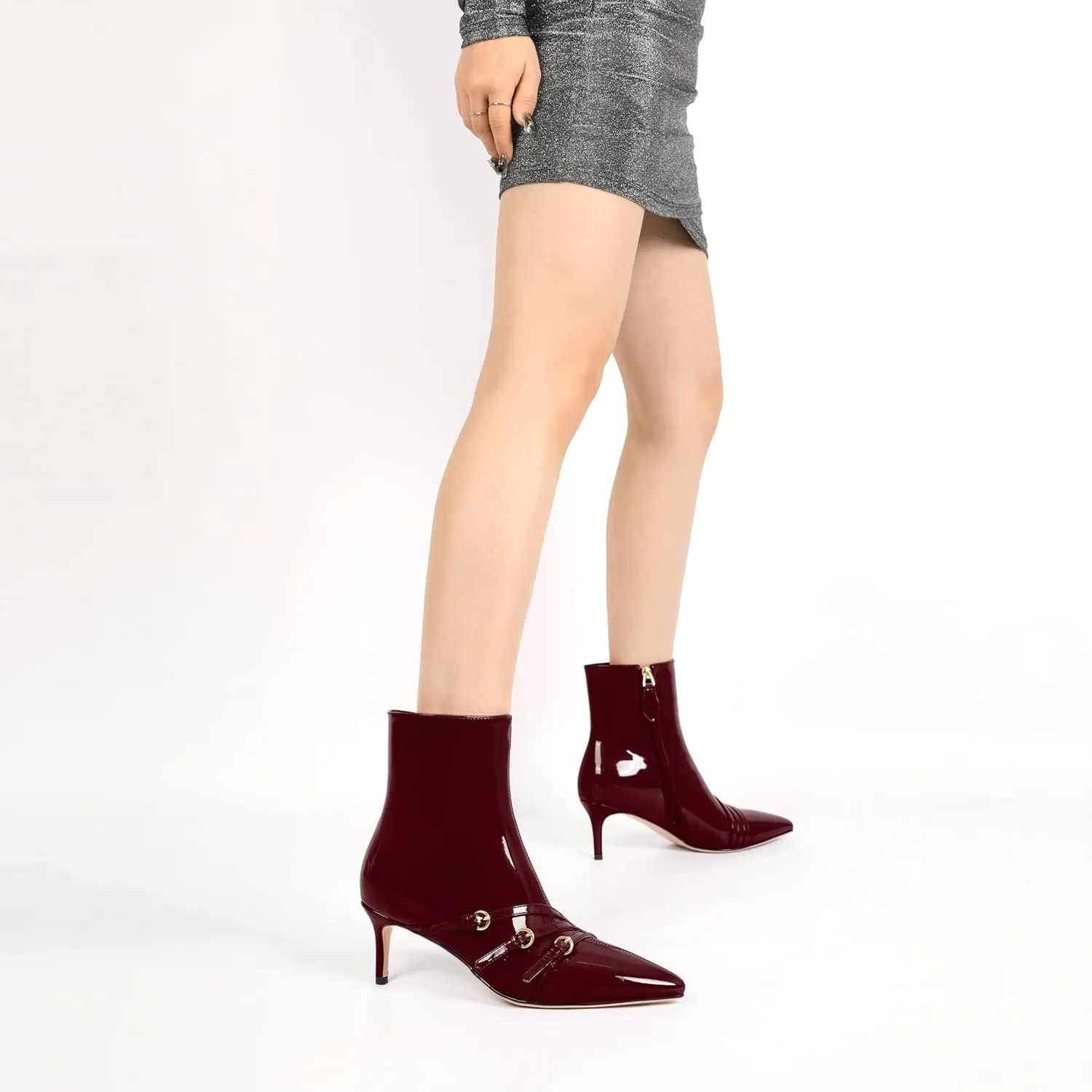 Women's Kitten Heel Boots Buckle Strap Boots Pointed Toe Boots Office Work Low Heel Boots for Women Stylish Comfortable 2.5 Inch Ankle Boots