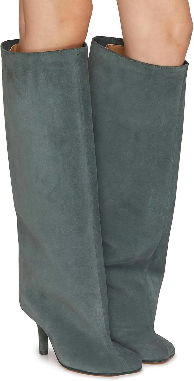 Women's Knee High Boots Nude Suede Wide Calf Stiletto Long Boots Pull On High Heel Riding Boots Fahion Dress Fall Tall Boots