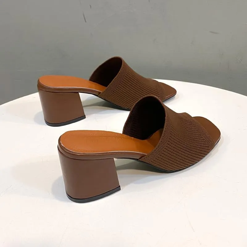 Womens Knit Heeled Sandals Chunky Low Block Heel Mules Square Open Toe Heels Slip On Breathable Slides Sandals