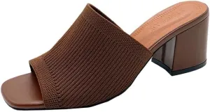 Womens Knit Heeled Sandals Chunky Low Block Heel Mules Square Open Toe Heels Slip On Breathable Slides Sandals