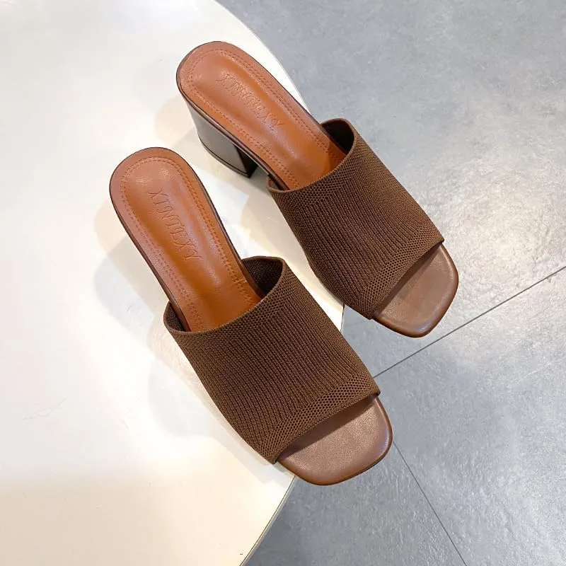 Womens Knit Heeled Sandals Chunky Low Block Heel Mules Square Open Toe Heels Slip On Breathable Slides Sandals