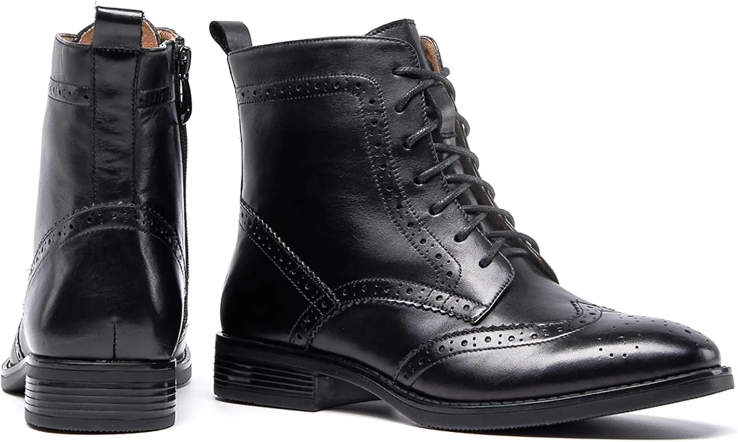 Women's Lace-Up Combat Boots Side Zipper Ankle Bootie Low Heel Brogue Leather for Girls Ladis Women Black Size 5
