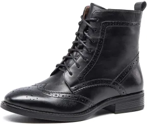 Women's Lace-Up Combat Boots Side Zipper Ankle Bootie Low Heel Brogue Leather for Girls Ladis Women Black Size 5