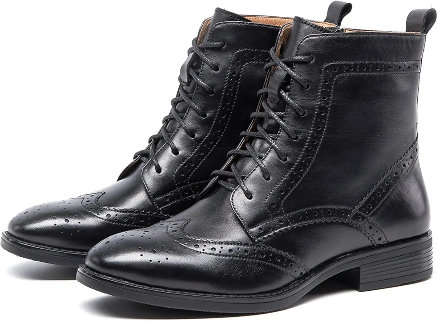 Women's Lace-Up Combat Boots Side Zipper Ankle Bootie Low Heel Brogue Leather for Girls Ladis Women Black Size 5