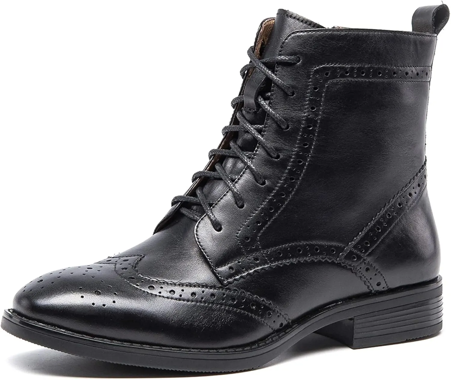 Women's Lace-Up Combat Boots Side Zipper Ankle Bootie Low Heel Brogue Leather for Girls Ladis Women Black Size 5