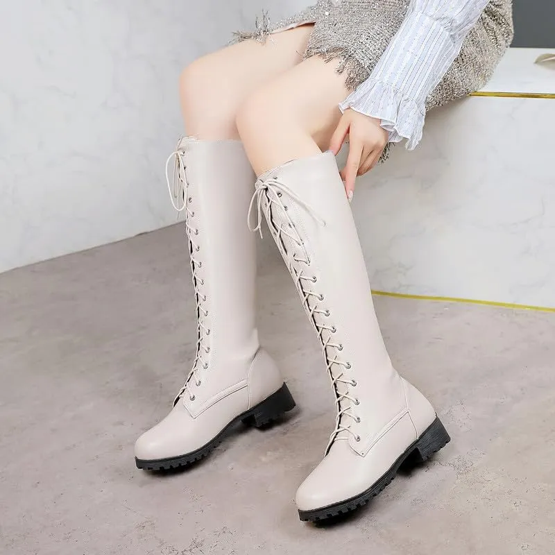 Womens Lace Up Knee High Boots Combat Chunky Low Heel Tall Boots