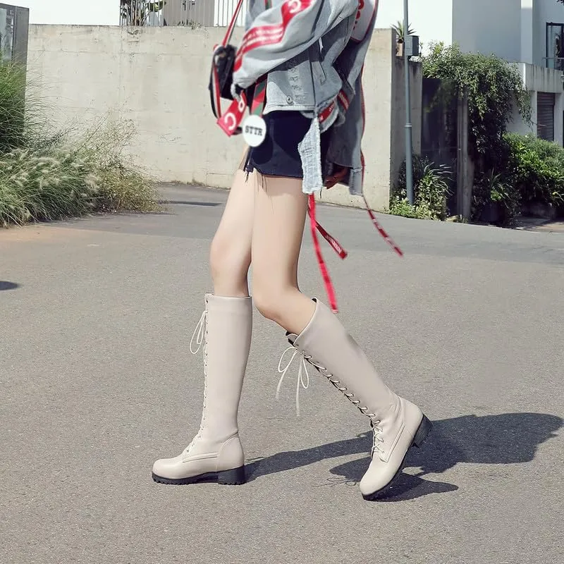 Womens Lace Up Knee High Boots Combat Chunky Low Heel Tall Boots