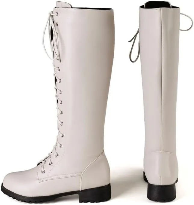 Womens Lace Up Knee High Boots Combat Chunky Low Heel Tall Boots