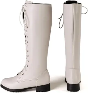 Womens Lace Up Knee High Boots Combat Chunky Low Heel Tall Boots