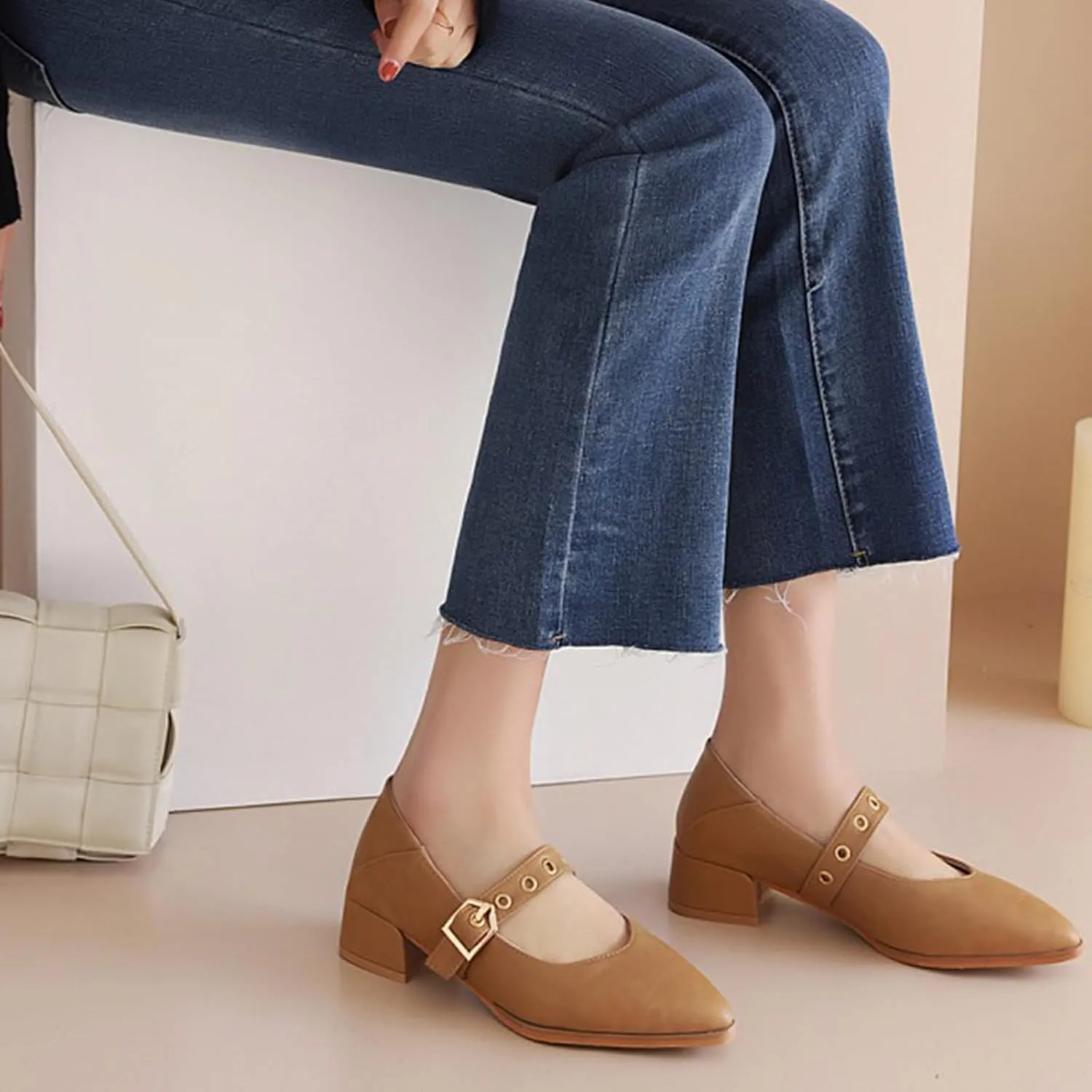 Women's Leather Chunky Heel Formal Mary Jane Simple Closed Pointed Toe Adjustable Hook and Loop Comfortable Low Block Heel Non-Slip Low Top Loafers for Work Party Dance