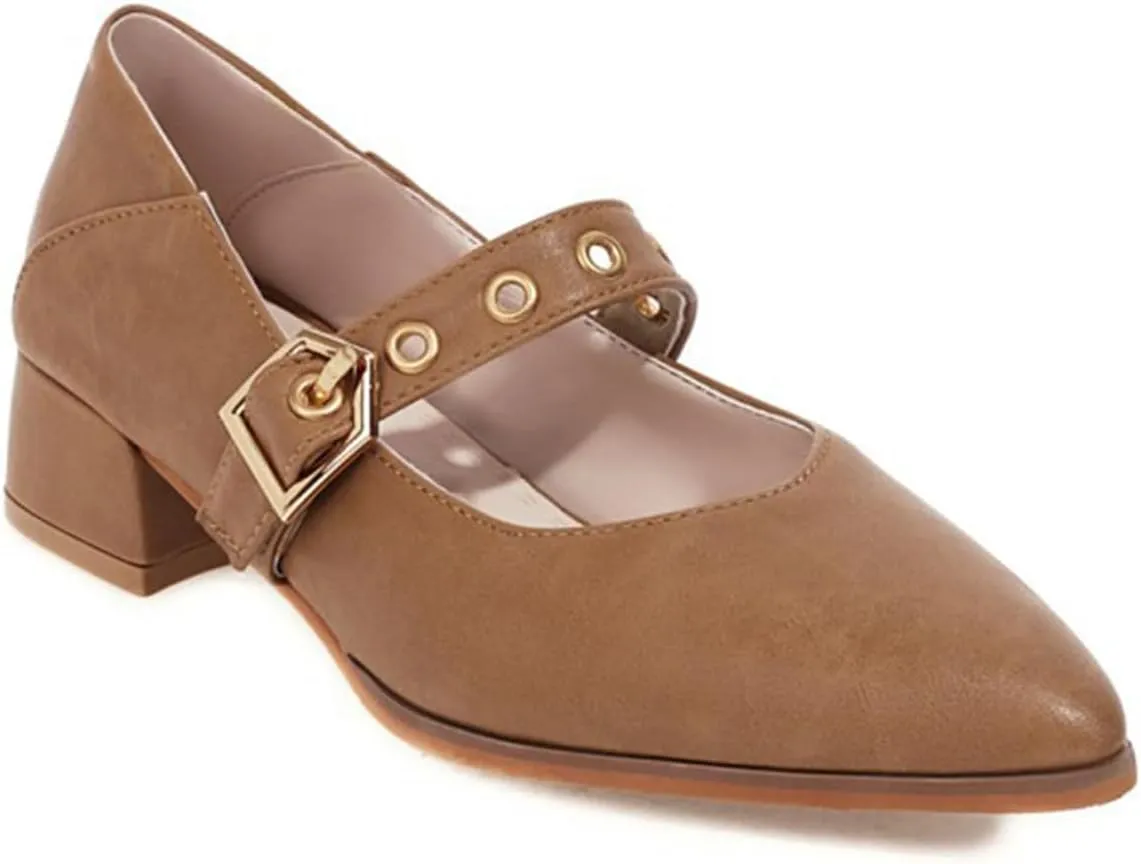 Women's Leather Chunky Heel Formal Mary Jane Simple Closed Pointed Toe Adjustable Hook and Loop Comfortable Low Block Heel Non-Slip Low Top Loafers for Work Party Dance