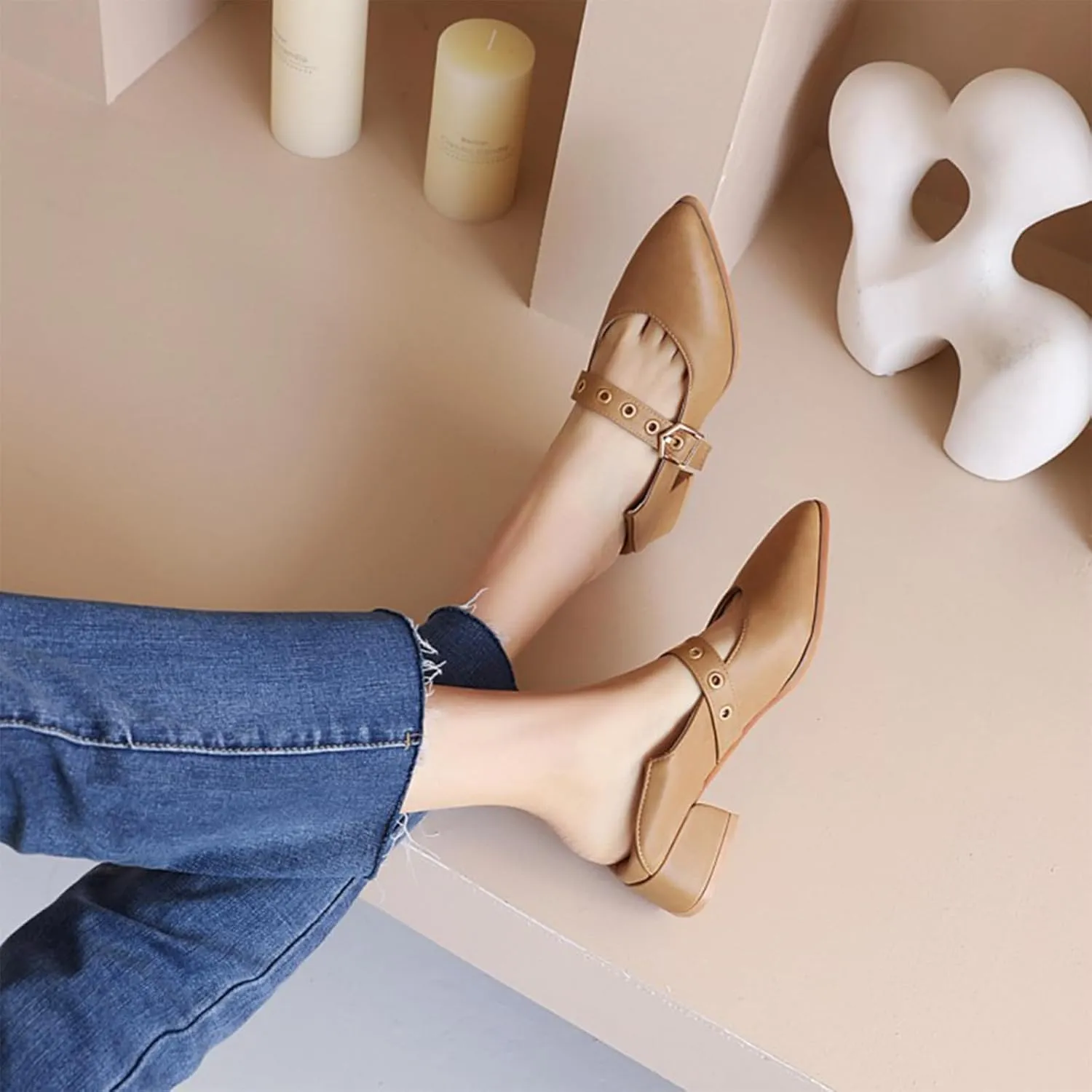 Women's Leather Chunky Heel Formal Mary Jane Simple Closed Pointed Toe Adjustable Hook and Loop Comfortable Low Block Heel Non-Slip Low Top Loafers for Work Party Dance