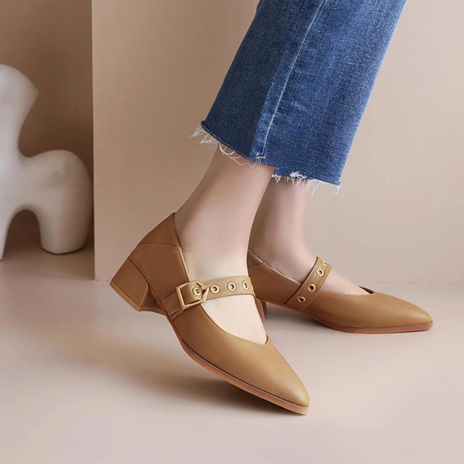 Women's Leather Chunky Heel Formal Mary Jane Simple Closed Pointed Toe Adjustable Hook and Loop Comfortable Low Block Heel Non-Slip Low Top Loafers for Work Party Dance