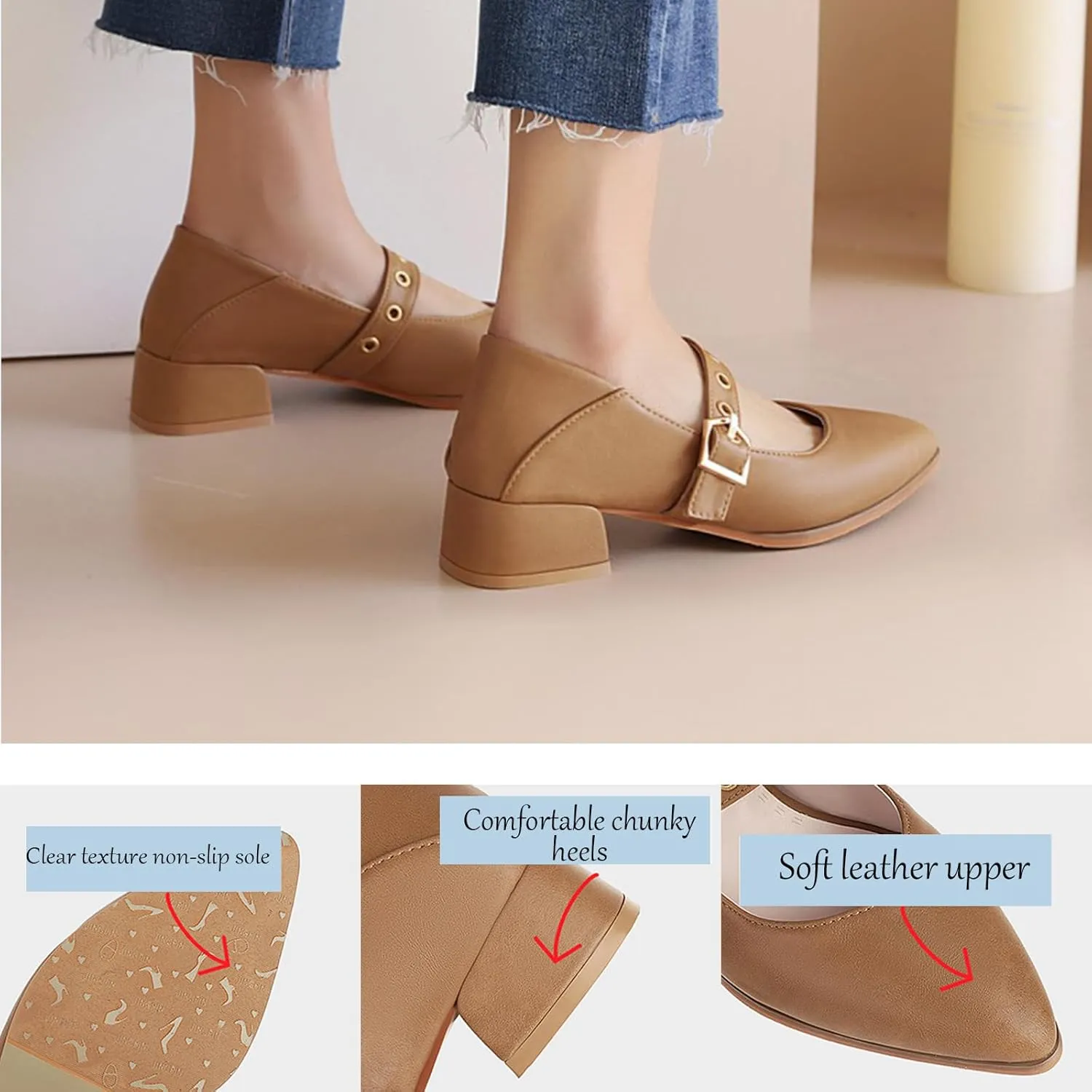Women's Leather Chunky Heel Formal Mary Jane Simple Closed Pointed Toe Adjustable Hook and Loop Comfortable Low Block Heel Non-Slip Low Top Loafers for Work Party Dance
