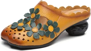 Women's Leather Hollow Chunky Heel Mules, Fashionable Retro Floral Closed Wide Toe Block Heel Pumps Sandals, Comfortable and Breathable Walking Backless Loafers Suitable for Work Walking