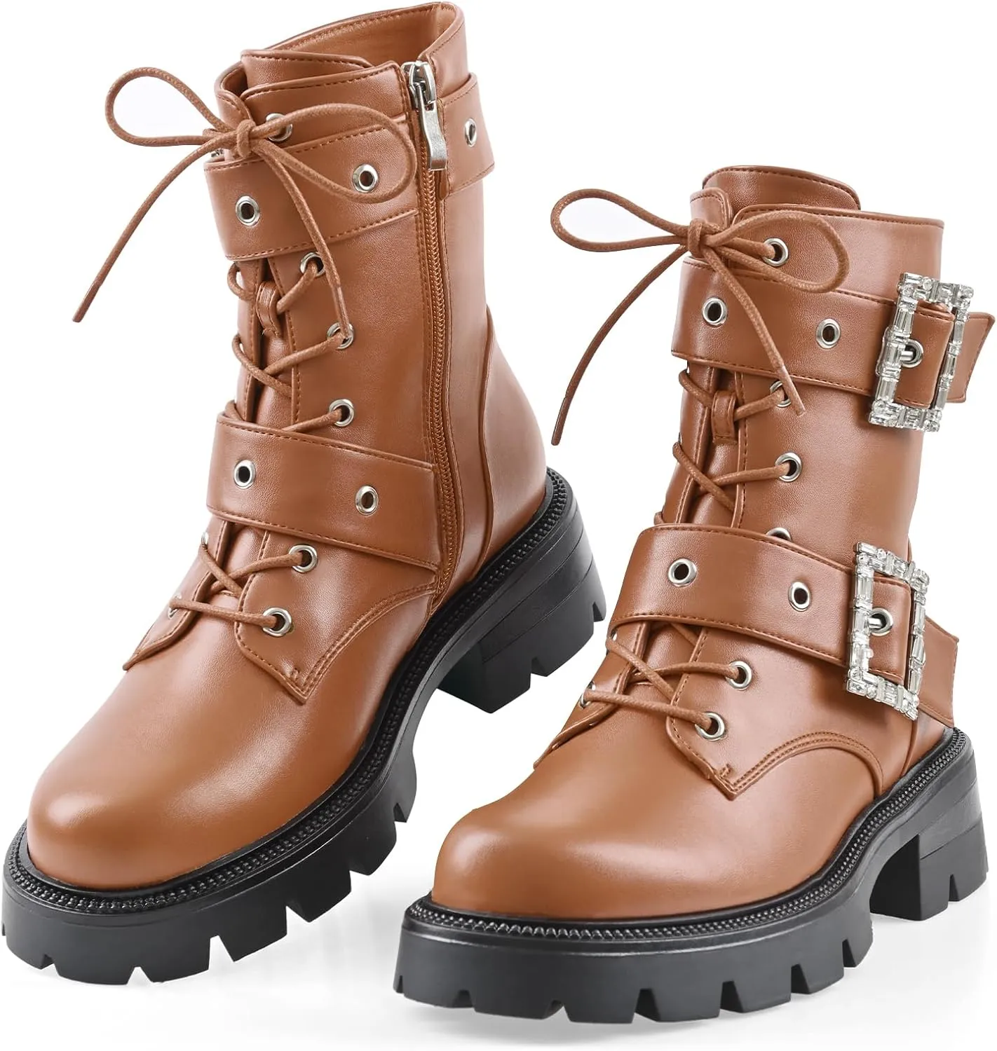 Women's Leather Platform Lug Sole Low Chunky Heel Combat Boots Lace Up Buckles Zipper Fashion Ankle Booties