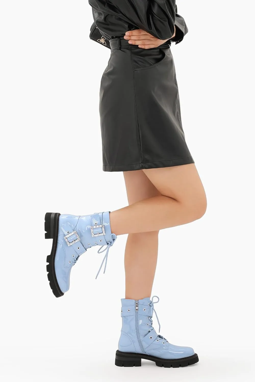 Women's Leather Platform Lug Sole Low Chunky Heel Combat Boots Lace Up Buckles Zipper Fashion Ankle Booties
